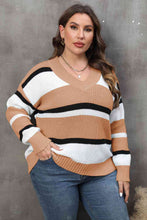 Load image into Gallery viewer, Plus Size Striped V-Neck Dropped Shoulder Sweater