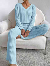 Load image into Gallery viewer, Ribbed V-Neck Long Sleeve Top and Pants Set