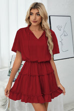 Load image into Gallery viewer, Tie Neck Frill Trim Short Sleeve Mini Dress