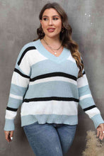 Load image into Gallery viewer, Plus Size Striped V-Neck Dropped Shoulder Sweater
