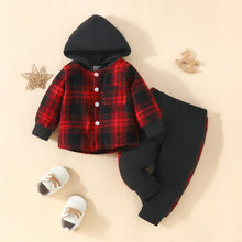 Load image into Gallery viewer, Kids Plaid Button Up Hooded Shacket and Pants Set