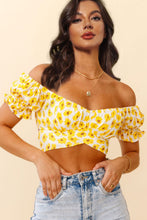 Load image into Gallery viewer, Flower Print Ruffle Trim Off-Shoulder Back Tie Blouse