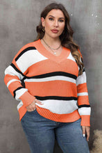 Load image into Gallery viewer, Plus Size Striped V-Neck Dropped Shoulder Sweater
