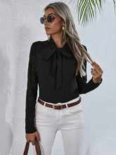 Load image into Gallery viewer, Tie Neck Spliced Lace Long Sleeve Top