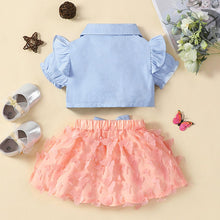 Load image into Gallery viewer, Baby Girl Ruffle Shoulder Shirt and Butterfly Applique Skirt Set