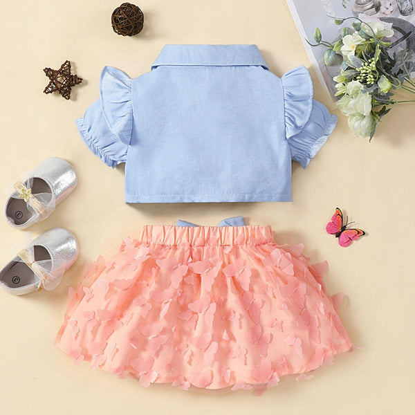 Baby Girl Ruffle Shoulder Shirt and Butterfly Applique Skirt Set