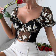 Load image into Gallery viewer, Embroidery Sweetheart Neck Short Sleeve Lace Trim Blouse