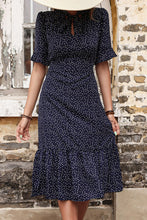 Load image into Gallery viewer, Polka Dot Tie Front Ruffled Midi Dress