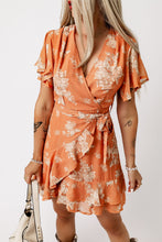 Load image into Gallery viewer, Floral Flutter Sleeve Tie Waist Ruffled Dress