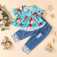Load image into Gallery viewer, Baby Girl Floral Round Neck Top and Lace Trim Distressed Jeans Set