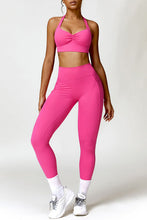 Load image into Gallery viewer, Ruched Halter Neck Bra and Pocketed Leggings Active Set