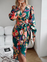 Load image into Gallery viewer, Printed Tie Front Lantern Sleeve Dress