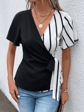 Load image into Gallery viewer, Surplice Neck Waist Tie Flutter Sleeve Blouse