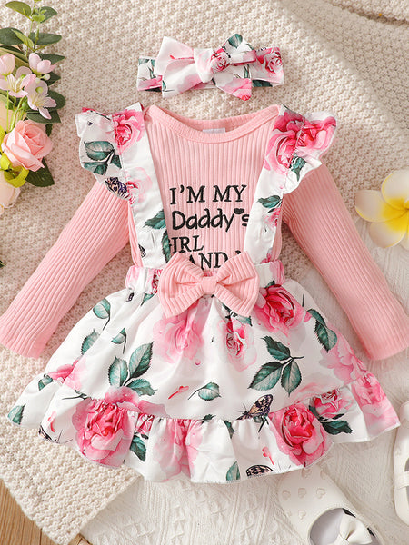 Baby Girl Round Neck Long Sleeve Top and Printed Dress Set
