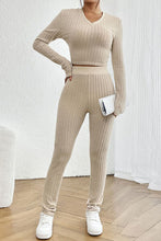 Load image into Gallery viewer, Ribbed V-Neck Long Sleeve Cropped Top and Pants Set