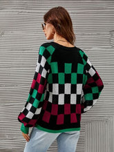 Load image into Gallery viewer, Checkered V-Neck Lantern Sleeve Sweater