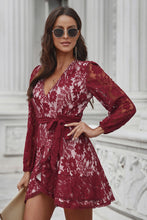 Load image into Gallery viewer, Pompom Trim Puff Sleeve Belted Lace Dress
