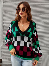 Load image into Gallery viewer, Checkered V-Neck Lantern Sleeve Sweater