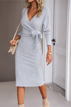 Load image into Gallery viewer, Surplice Neck Tied Ribbed Dress