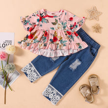 Load image into Gallery viewer, Baby Girl Floral Round Neck Top and Lace Trim Distressed Jeans Set