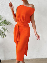 Load image into Gallery viewer, Tie Front Single Shoulder Slit Dress