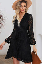 Load image into Gallery viewer, Pompom Trim Puff Sleeve Belted Lace Dress