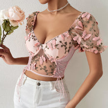 Load image into Gallery viewer, Embroidery Sweetheart Neck Short Sleeve Lace Trim Blouse