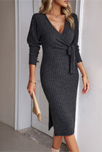 Load image into Gallery viewer, Surplice Neck Tied Ribbed Dress