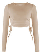 Load image into Gallery viewer, Drawstring Round Neck Long Sleeve Cropped Top
