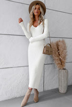 Load image into Gallery viewer, V-Neck Long Sleeve Ribbed Sweater Dress