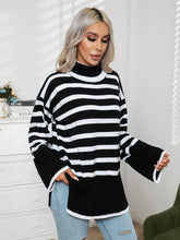 Load image into Gallery viewer, Striped Slit Turtleneck Drop Shoulder Sweater