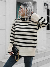 Load image into Gallery viewer, Striped Slit Turtleneck Drop Shoulder Sweater