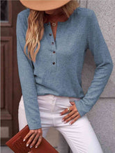 Load image into Gallery viewer, Round Neck Buttoned Long Sleeve T-Shirt