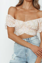 Load image into Gallery viewer, Flower Print Ruffle Trim Off-Shoulder Back Tie Blouse