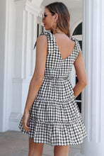 Load image into Gallery viewer, Plaid Tie Shoulder Frill Trim Tiered Dress