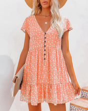 Load image into Gallery viewer, Printed V-Neck Buttoned Short Sleeve Mini Dress
