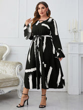 Load image into Gallery viewer, Plus Size Printed Tie Belt Flare Sleeve Round Neck Midi Dress
