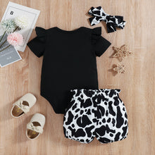 Load image into Gallery viewer, Baby Girl Graphic Ruffled Bodysuit and Cow Print Shorts Set