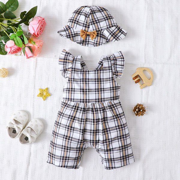 Baby Plaid Square Neck Bow Detail Jumpsuit