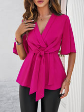 Load image into Gallery viewer, Surplice Tie Waist Half Sleeve Blouse