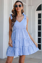 Load image into Gallery viewer, Plaid Tie Shoulder Frill Trim Tiered Dress