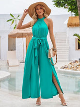 Load image into Gallery viewer, Ruched Slit Tied Sleeveless Jumpsuit