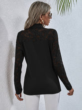 Load image into Gallery viewer, Tie Neck Spliced Lace Long Sleeve Top