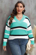Load image into Gallery viewer, Plus Size Striped V-Neck Dropped Shoulder Sweater