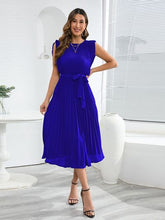 Load image into Gallery viewer, Tied Round Neck Pleated Midi Dress