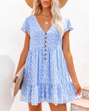 Load image into Gallery viewer, Printed V-Neck Buttoned Short Sleeve Mini Dress