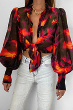Load image into Gallery viewer, Flower Print Collared Neck Lantern Sleeve Shirt