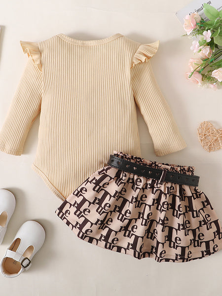 Baby Girl Ribbed Long Sleeve Top and Printed Skirt Set