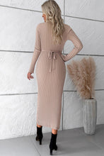 Load image into Gallery viewer, V-Neck Long Sleeve Ribbed Sweater Dress