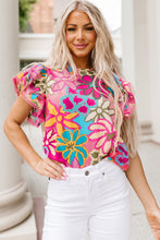 Load image into Gallery viewer, Floral Print Round Neck Flutter Sleeve Blouse